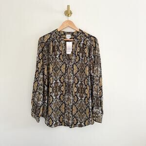 Peyton Jensen Viv Snake Button Front Long Sleeve Blouse Brown/Black L